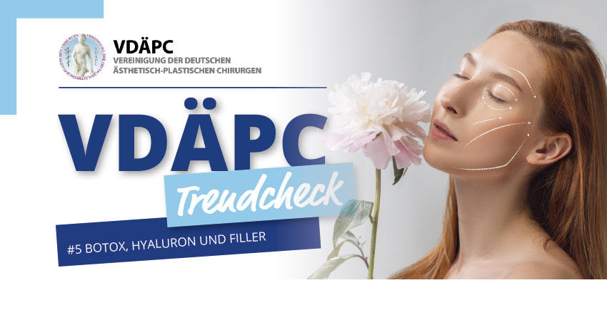 Logo der Vereinigung der Deutschen Ästhetisch-Plastischen Chirurgen (VDÄPC) und ein Profilfoto einer Frau mit Blume