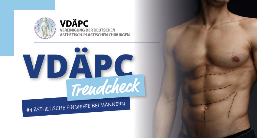 Logo der Vereinigung der Deutschen Ästhetisch-Plastischen Chirurgen (VDÄPC)und ein Mannmit nacktem Pberkörper vor schwarzem Hintergrund