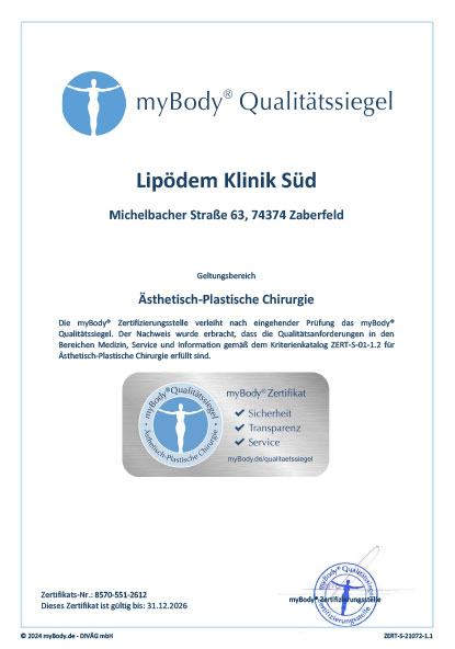Zertifikatsurkunde Lipödem Klinik Süd 2024