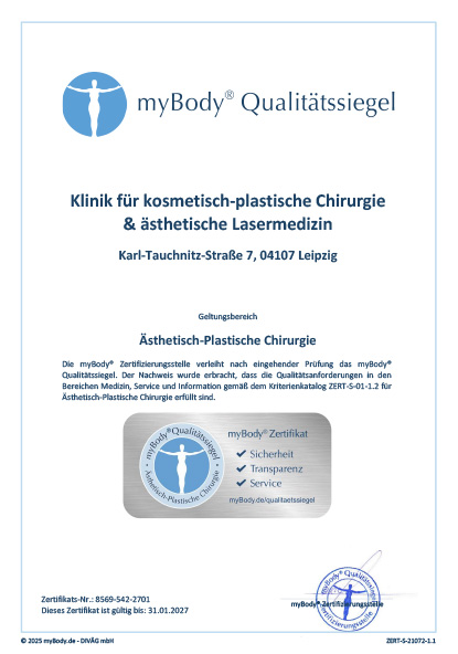 Zertifikatsurkunde Klinik für kosmetisch-plastische Chirurgie & ästhetische Lasermedizin 2025