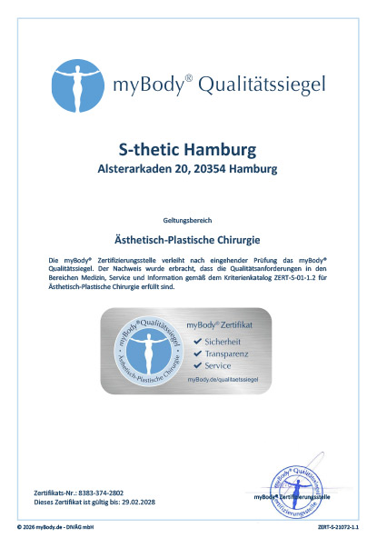 Zertifikatsurkunde S-thetic Clinic Hamburg 2026
